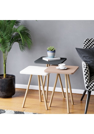 Ahşap Ayaklı Renkli Kare Tasarım 3'lü Zigon Sehpa Çok Renkli - Pastel Renkler