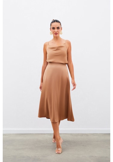 Sateen Midi Boy Saten Etek - Camel-134961 CAMEL