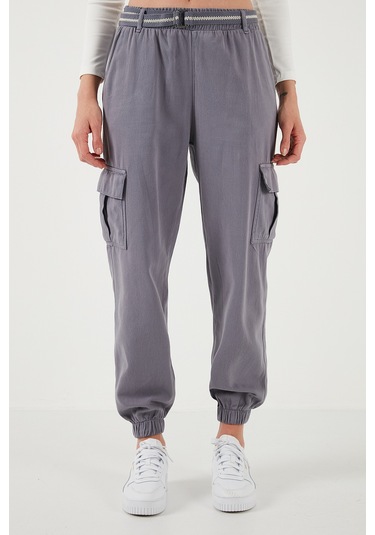 Lela Pamuklu Standart Fit Normal Bel Lastikli Paça Kemerli Jogger Bayan Pantolon 668Yp5045 Gri