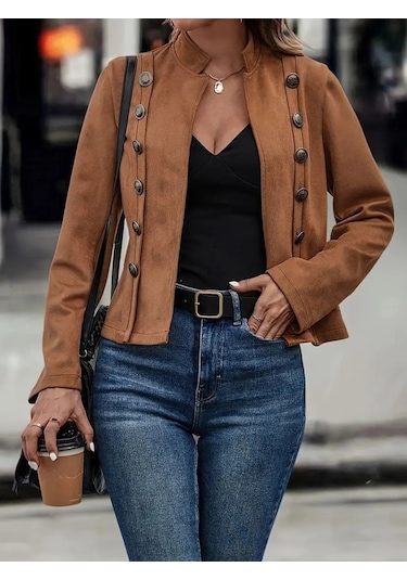 Kadın Uzun Kollu Hakim Yaka Yanlardan Düğmeli Kısa Süet Ceket Kahve