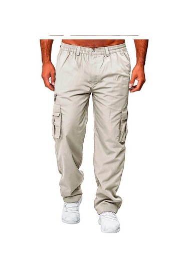 Erkek İlkbahar Ve Sonbahar Düz Paça Düz Renk Kargo Pantolon Günlük Çok Cepli Uzun Pantolon Bol Kesim Açık Hava Fitness Pantolonu Bej