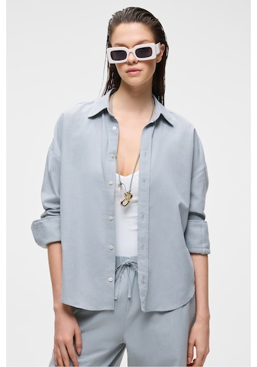 VESTA Kadın %100 Pamuk Keten Görünümlü Flamlı Oversize Gri Gömlek