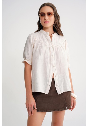 4725 Kadın Büzgü Robalı Kolu Fırfırlı Müslin Gömlek Naturel Naturel