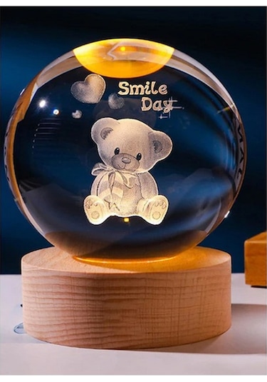 Mobgift Sevimli Ayıcık Tasarımlı Ahşap altlıklı Işıklı Cam Küre Ahşap