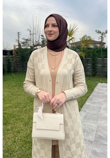 Rabia Şamlı Dama Desenli Taş Triko Hırka Çok Renkli
