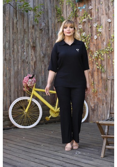 Kadın Günlük Patlı Gömlek Yaka Pantolon Takım Bürümcük Kumaş Siyah