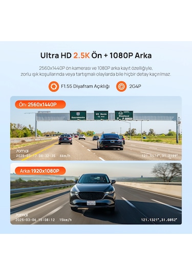 70mai Araç Kamerası A410 Ön Kamera+ Rc21 Arka Kamera Set 2.5k + 1080p Çift Kamera
