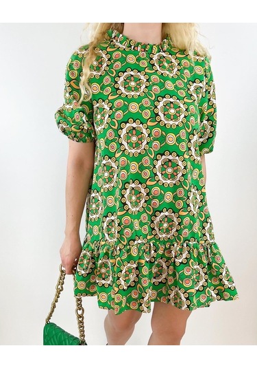 Modaonna Kadın Yeşil Etnik Desenli Kloş Elbise Yeşil