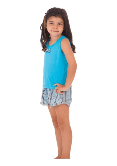 The Don Aile Turkuaz Gri-Lacivert Ekose Kız Çocuk Şort Takımı (9-