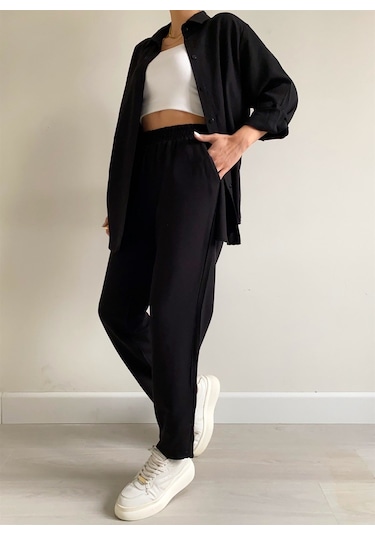 Barbora Keten Günlük İkili Takım Elbise Pantolon Gömlek Ln21siyah5 001