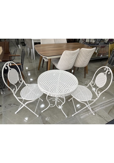 Ferforje Masa Sandalye Balkon Takımı Beyaz 1 Masa 2 Sandalye 60cm
