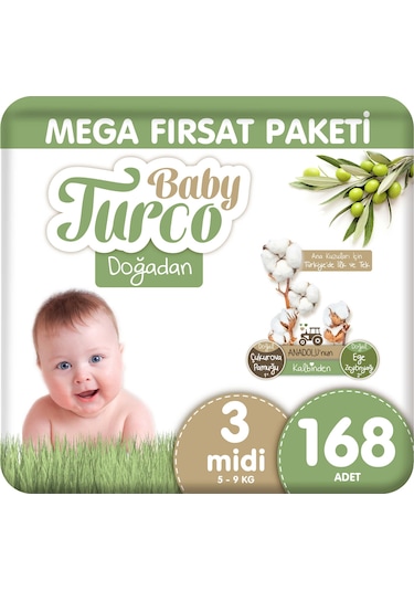 Baby Turco Doğadan Mega Fırsat Paketi Bebek Bezi 3 Numara 168 Adet 4'lü