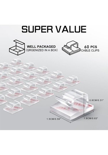 Fortunelane 60 Adet Kablo Düzenleyici Klipsi - Çift Taraflı Yapışkan, Ev/ofis Dekorasyonu İçin