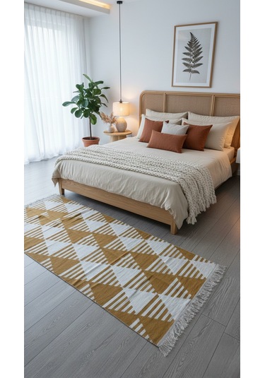 Hardal Geometrik Desenli Modern Kilim - Makinada Yıkanabilir Renkli