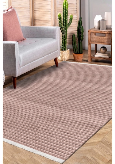 Lidya Bej / Füme Pamuk Dokuma Yumuşak Halı Kaymaz Tabanlı, Kolay Temizlenen, Modern Tasarım Kilim Bej