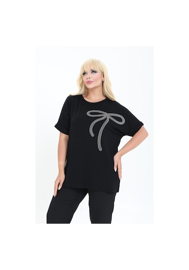 Kurdele Tasarım Taş Detaylı Bambu Yarasa Kol Bluz M-6xl Siyah