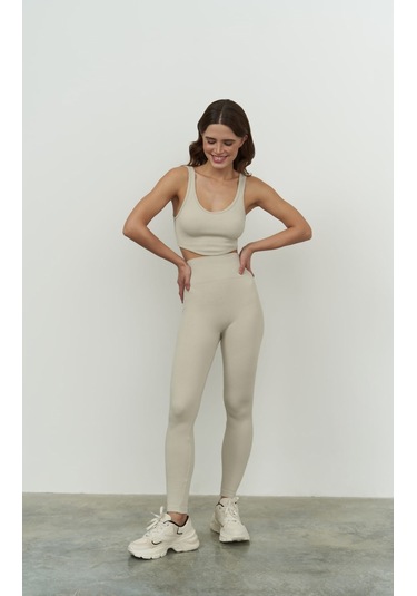 Jade Bej Dikişsiz Fitilli Tayt Bej