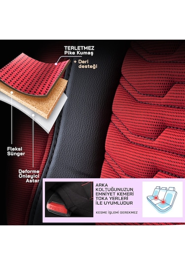 Panda Paris Serisi Pike Kumaş Oto Koltuk Kılıfı Tam Set Kırmızı - Siyah