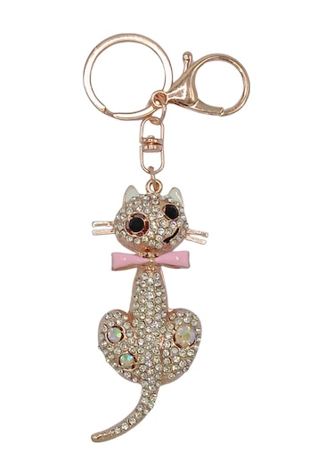 Kristal Taşlı Pembe Papyon Kedi Anahtarlık No.1 Gümüş