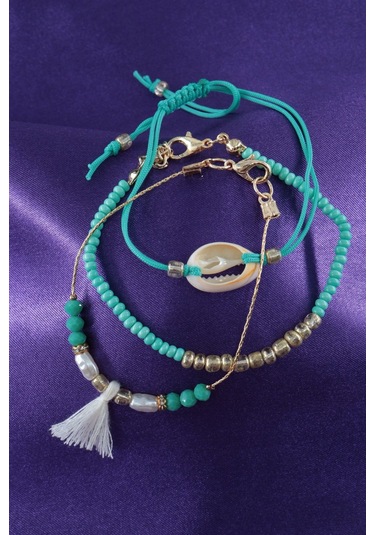3lü Deniz Kabuklu İncili Püsküllü Asansörlü Lastikli Turkuaz İp Bileklik. Kadın İp Bileklik Halhal Çok Renkli