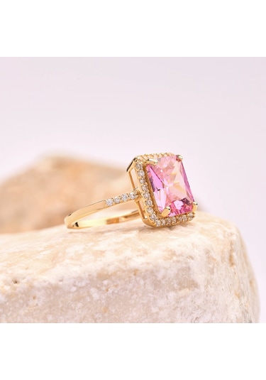 14 Ayar Altın Tektaş Pembe Topaz Yüzük, Zarif Doğum Taşı Hediyesi 14 Ayar Altın