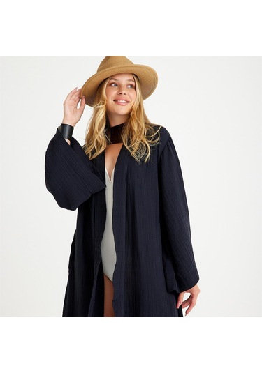 Miespiga Pamuklu Dokuma Beli Kuşaklı Maxi Kadın Kimono Kaftan - Small Medium Siyah