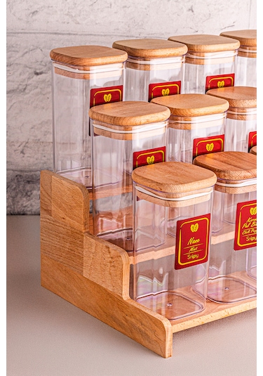 Snippy Lunver - 12'li Ahşap Standlı Vakumlu Etiketli Akrilik Saklama Kabı Baharatlık Seti 350 Ml Ahşap