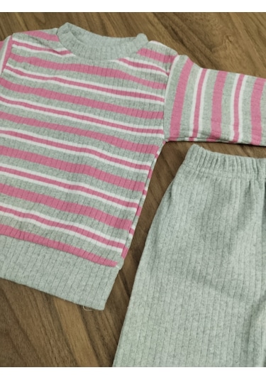 Egişbaby Kız Bebek Çizgili İkili Takım Gri - Pembe