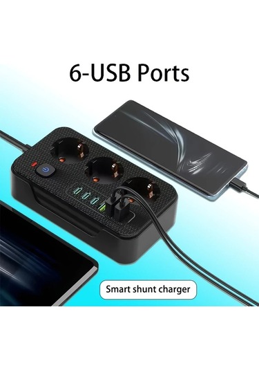 Xuweiwei Beyaz Yeni Cok Fonksiyonlu 6 Prizli 3 Usb A 3 Type C 2 Metre Uzatma Kablosu Ev Ofis Mutfak Garaj İcin