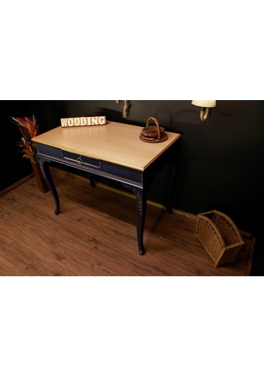 Wooding 120 Cm Masif Naturel Lacivert Oymalı Çalışma Masası