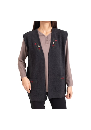 Kadın Orta Yaş Ve Üzeri Triko Örgü Düğmesiz Kanaviçe Desen Nakışlı Anne Yelek 310-siyah-füme Çok Renkli