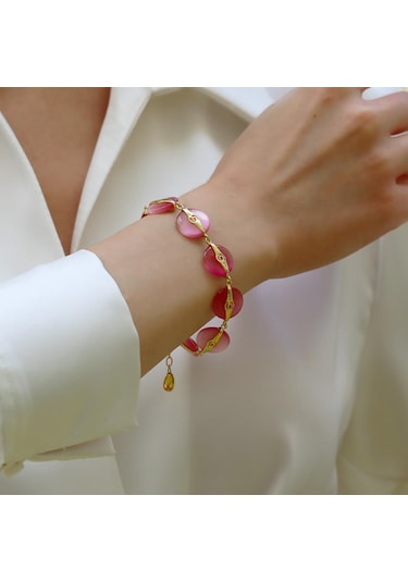 Pembe Kuvars Taşlı Gold Gümüş Bileklik Gümüş