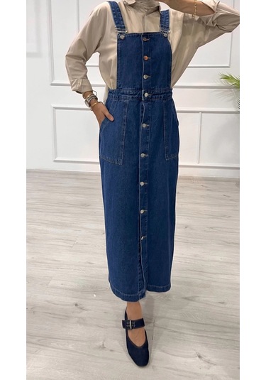 Biçomi Etekli Salopet Enzim Süper Taş Yıkama Koyu Mavi D2521