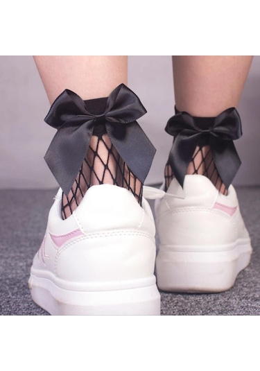 Bayan Kurdelalı Siyah File Soket Siyah