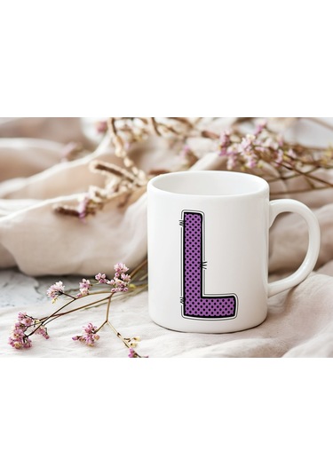 L Harfi Mor Puantiyeli Kupa Bardak - Polka Dot Tasarım Kahve Çay Bardak - Kişiye Özel Hediyelik Beyaz