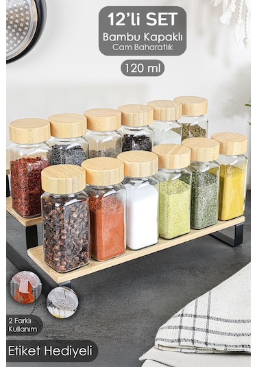 12'li Bambu Kapaklı Cam Baharatlık Seti - Etiketli Tuzluk Biberlik Köşeli Baharat Takımı 120 Ml ŞEffaf