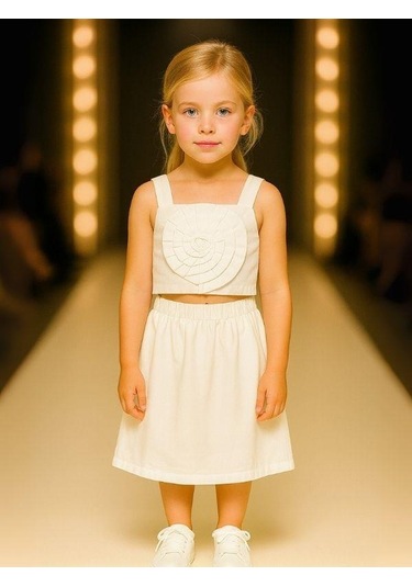 Kız Çocuk Crop Dokuma Çiçekli Etek Takım-15966 Beyaz