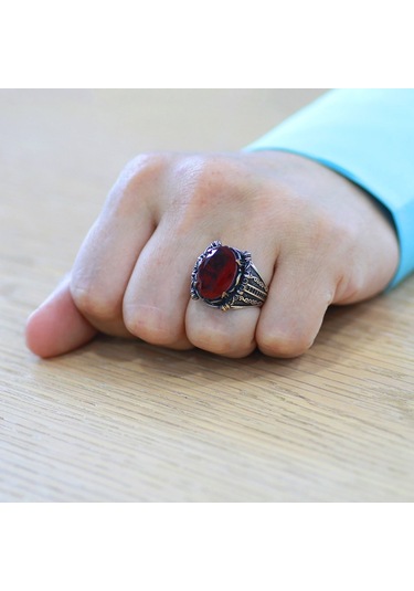 Faset Kırmızı Zirkon Taşlı Otantik Tasarım 925 Ayar Gümüş Erkek Yüzük