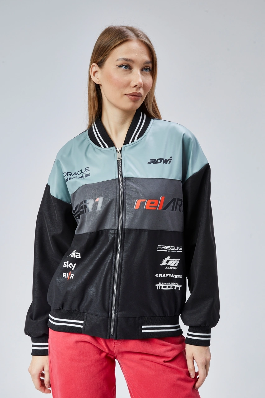 Kadın Oversize Baskılı Motorcu Yarışçı Montu Kolej Ceketi Mint Yeşili