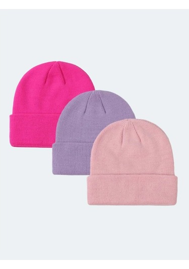 Eke Tekstil Unisex Katlamalı 3'lü Bere Seti Fuşya - Lila - Pembe