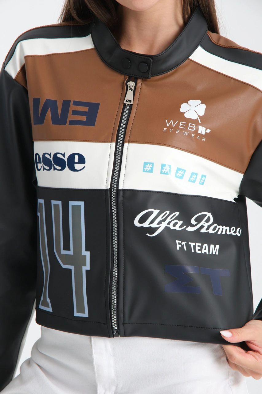 Kadın Oversize Baskılı Deri Şeritli Motorcu Montu Garnili Fermuarlı Yarışçı Ceketi Bomber Kolej Mont Kahve