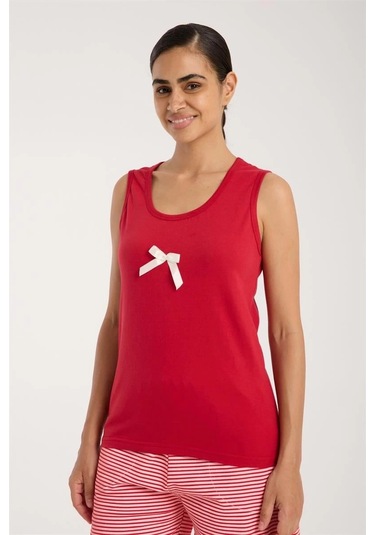 Giyim Kadın Kırmızı Kurdele Detaylı Çizgili Şortlu Pijama Takımı Kırmızı