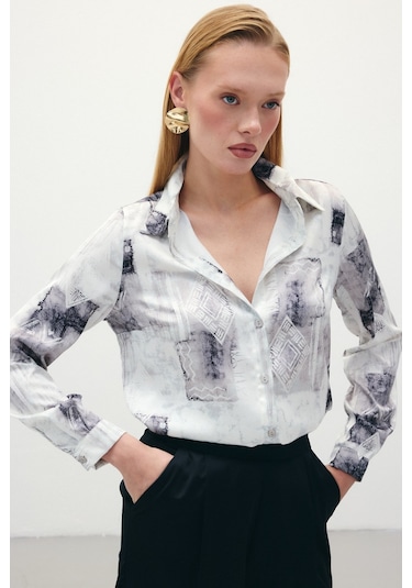 Sateen Desenli Klasik Gömlek - Bej-136290 Bej