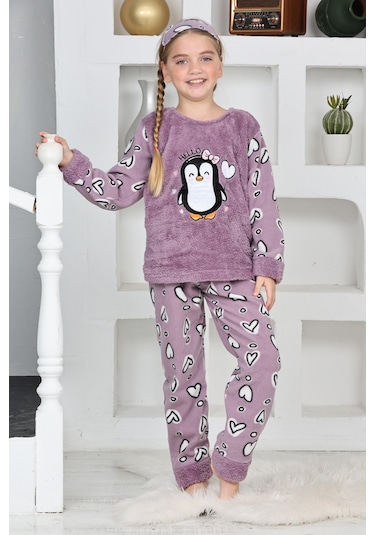 Kız Çocuk Peluş Kumaş-göz Bantlı Penguenli Pijama Takımı 12281 Lila