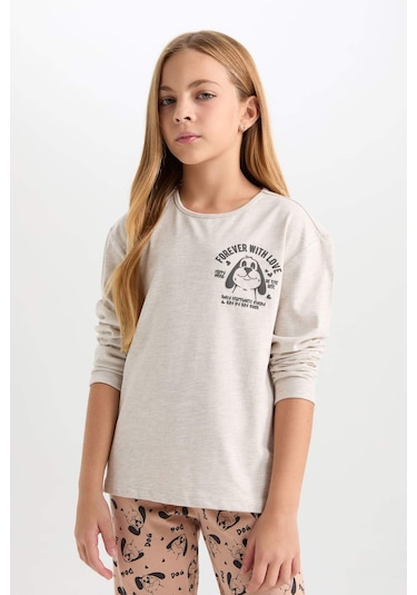 DeFacto Kız Çocuk Pijama Takım Baskılı Uzun Kollu Üst Desenli Beli Lastikli Uzun Alt D7744A824WNER68 Ekru DeFacto Kız Çocuk Pijama Takım Baskılı Uzun Kollu Üst Desenli Beli Lastikli Uzun Alt D7744A824WNER68 Ekru