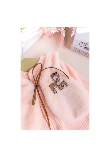 Peluş Yelekli Pamuklu İkili Kız Bebek Tulum Set Somon