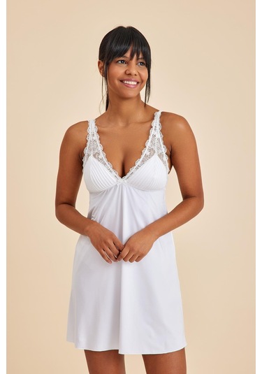 Paris Ekru Dantelli Kumaş Gecelik Ekru