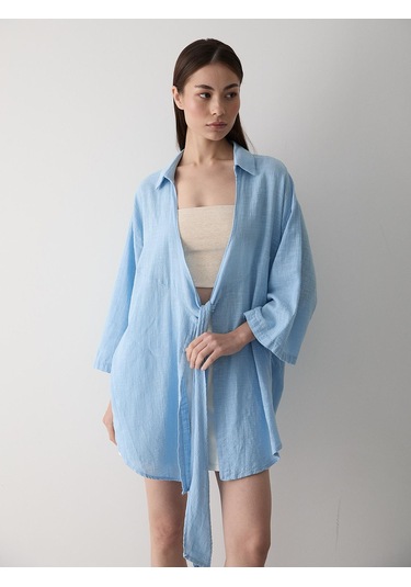 Mavi Flam Keten Kimono Gömlek Mavi