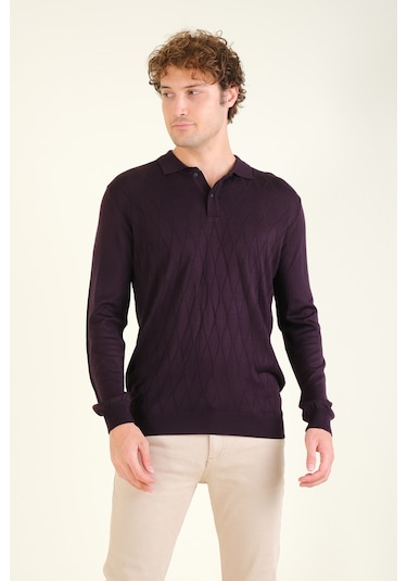 Giyim Dünyası Erkek Baklava Desenli Polo Yaka Merserize Kazak Mor 001