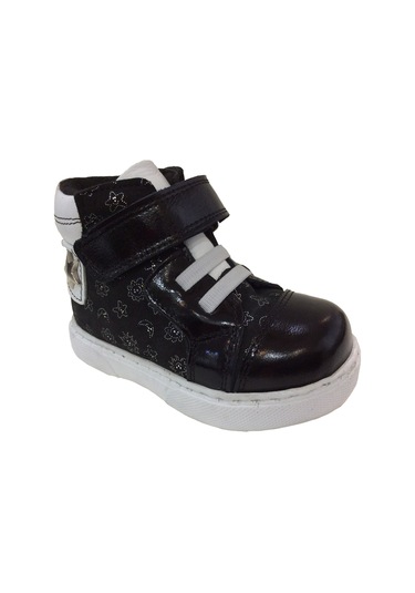 Ortopedikal 1001 Ridente Siyah Baskılı Bebe Kız Çocuk Bot % 100 Deri Lastik Ve Cırtlı Siyah Beyaz